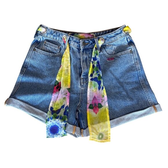 Sample One Of A Kind Embroidered Denim Shorts Grommet Scarf Belt 14” Waist New - Picture 2 of 10